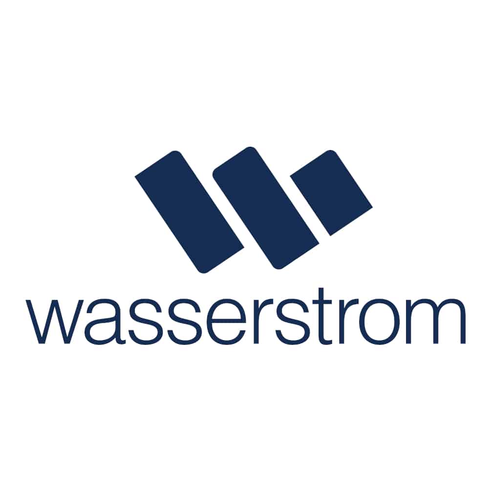 Wasserstrom logo featuring three navy blue diagonal rectangles above the Wasserstrom company name in lowercase letters.