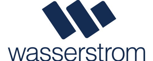 Wasserstrom logo with three navy blue parallelograms forming a stylized W above the word wasserstrom in lowercase letters.