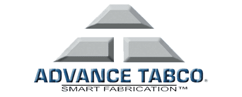 Advance Tabco logo featuring three metallic, raised triangular shapes above the company name in blue, with the tagline Smart Fabrication below.