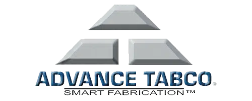Advance Tabco logo featuring three metallic, raised triangular shapes above the company name in blue, with the tagline Smart Fabrication below.