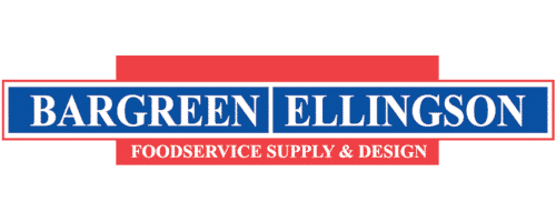 Bargreen Ellingson logo with blue and white text on a red background, stating Foodservice Supply & Design underneath the main company name.
