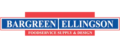 Bargreen Ellingson logo with blue and white text on a red background, stating Foodservice Supply & Design underneath the main company name.