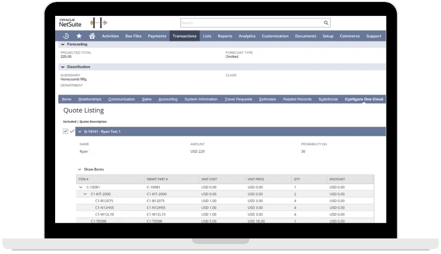 A laptop screen displaying the Oracle NetSuite interface focused on a Quote Listing page with itemized product details and pricing information, seamlessly integrated with Configure One Cloud 2.2.0.