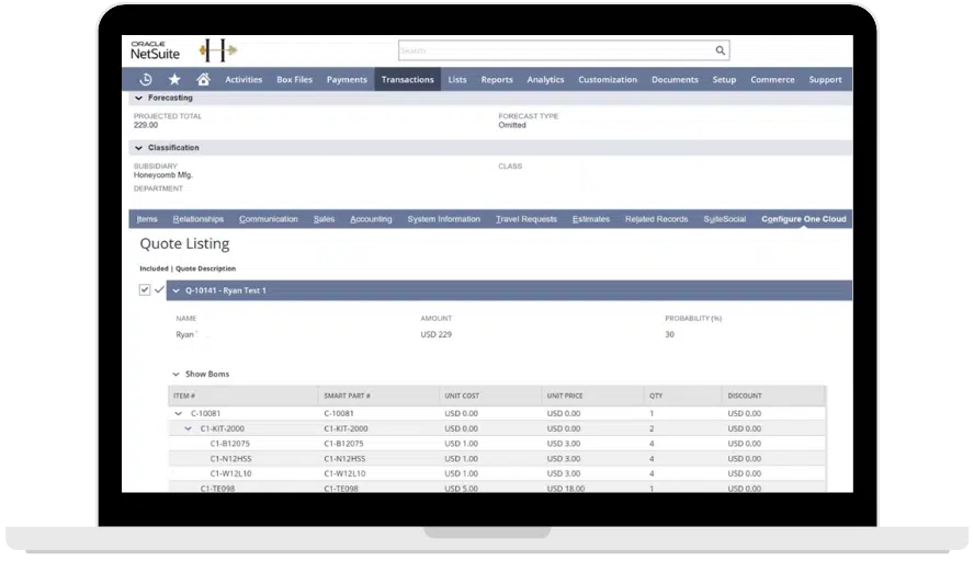 A laptop screen displaying the Oracle NetSuite interface focused on a Quote Listing page with itemized product details and pricing information, seamlessly integrated with Configure One Cloud 2.2.0.