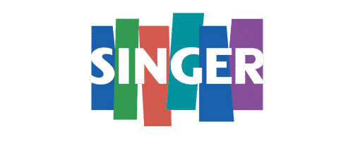 The word SINGER in white capital letters is displayed over five vertical, overlapping color blocks: green, blue, red, teal, and purple, on a transparent background.
