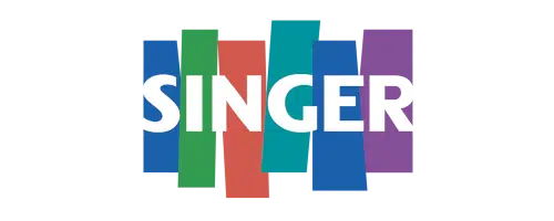 The word SINGER in white capital letters is displayed over five vertical, overlapping color blocks: green, blue, red, teal, and purple, on a transparent background.
