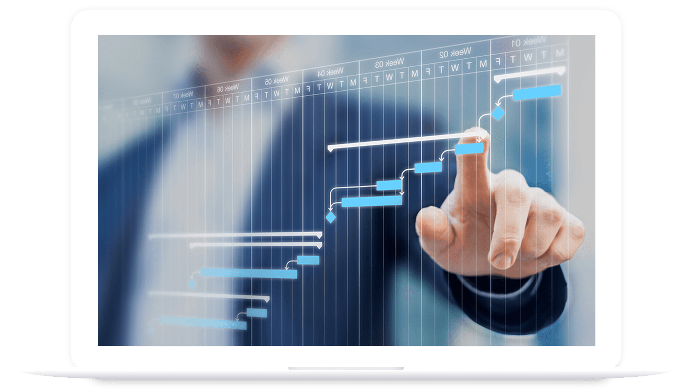 A person interacts with a digital Gantt chart displayed on a laptop screen, highlighting project management or scheduling activity using PLM for food and beverage solutions.
