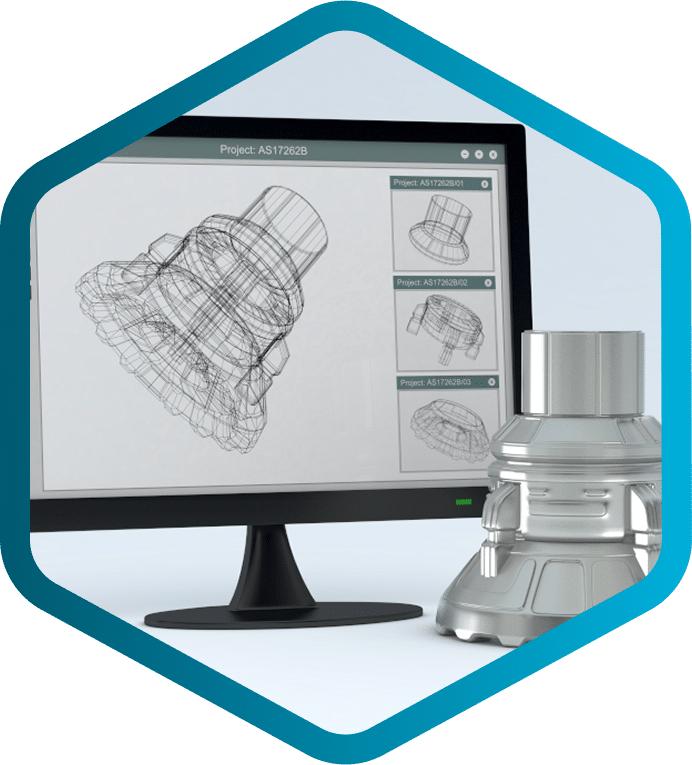 A computer monitor displays a 3D wireframe model, with a physical metallic 3D-printed object on the desk—showcasing how CPQ software (Configure, Price, Quote) streamlines product customization and answers What does CPQ stand for? in modern design.