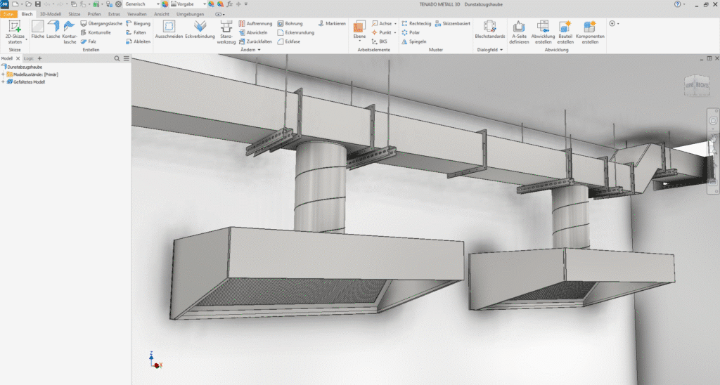 3D CAD model showing an industrial ventilation system with two large hood vents connected to rectangular ductwork mounted on a ceiling.