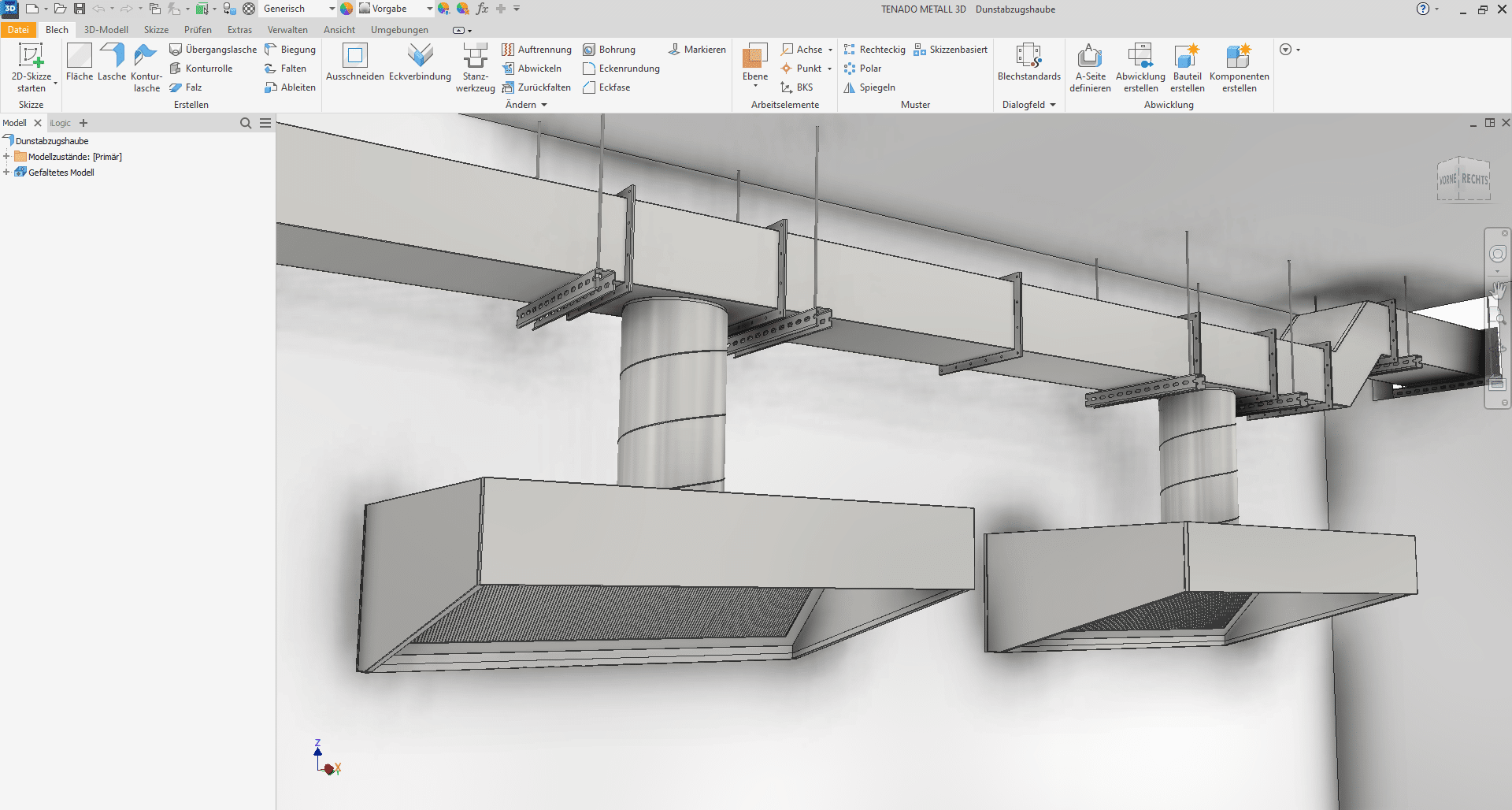 3D CAD model showing an industrial ventilation system with two large hood vents connected to rectangular ductwork mounted on a ceiling.