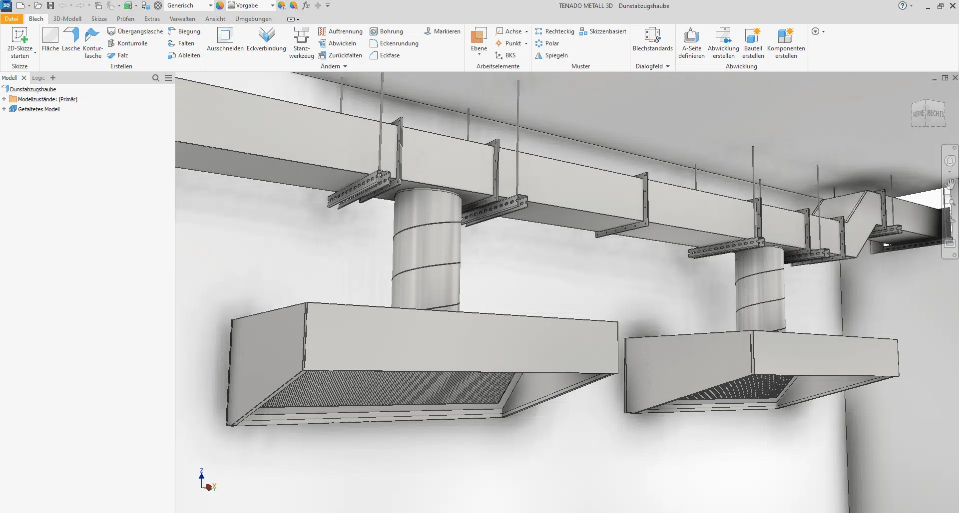 3D CAD model showing an industrial ventilation system with two large hood vents connected to rectangular ductwork mounted on a ceiling.