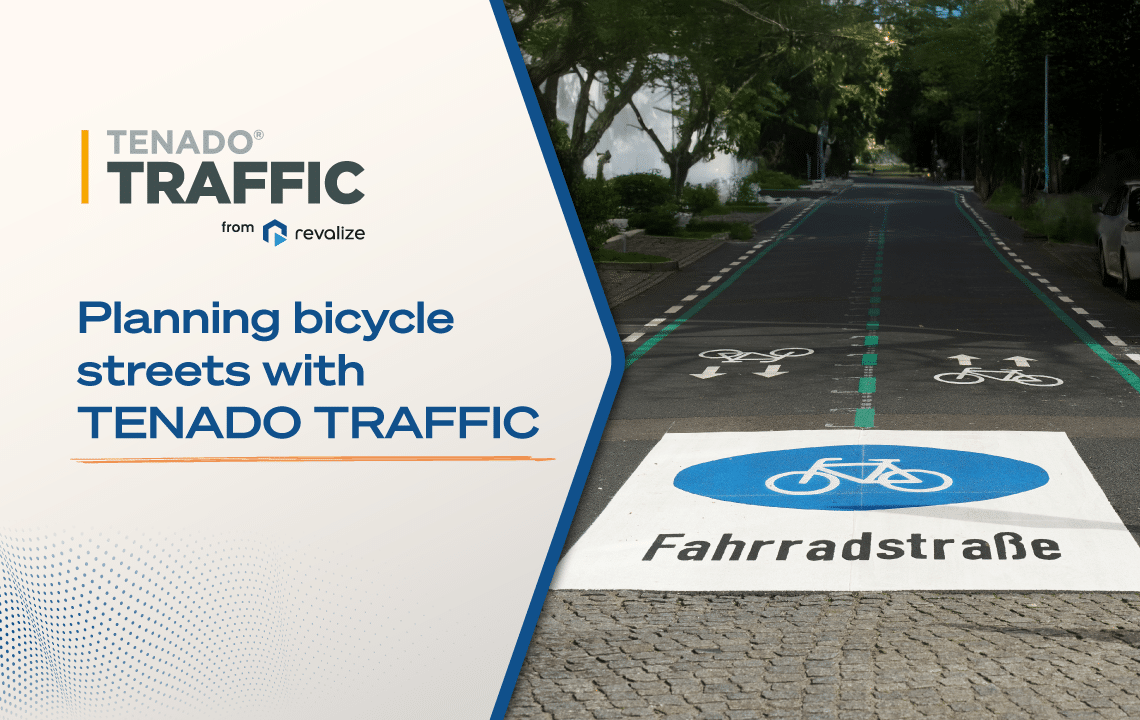 A street with marked bike lanes and a Fahrradstraße sign; text on image promotes planning bicycle streets with TENADO TRAFFIC software.