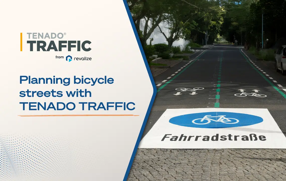 A street with marked bike lanes and a Fahrradstraße sign; text on image promotes planning bicycle streets with TENADO TRAFFIC software.