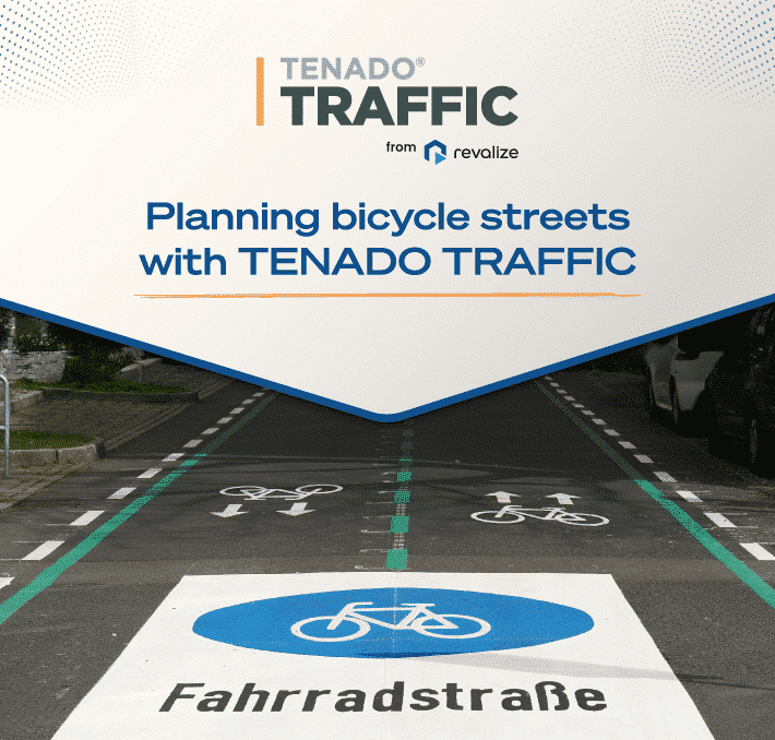A designated bicycle street with painted bike symbols and the word Fahrradstraße; overlay text promotes TENADO TRAFFIC for planning bicycle streets.