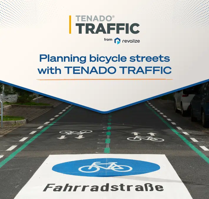 A designated bicycle street with painted bike symbols and the word Fahrradstraße; overlay text promotes TENADO TRAFFIC for planning bicycle streets.