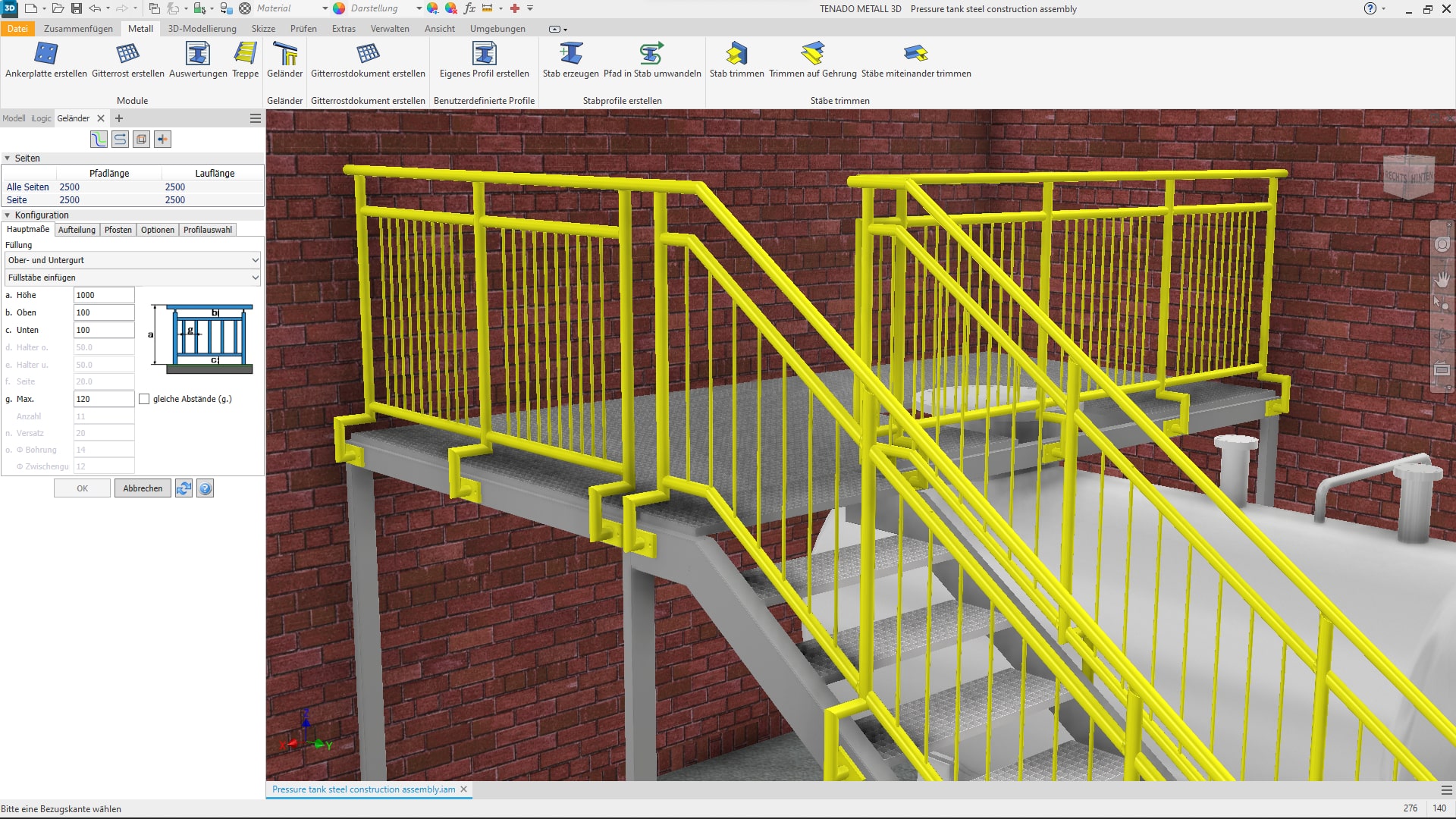 3D model of a metal staircase with bright yellow handrails and guardrails, set against a red brick wall, displayed in engineering design software.