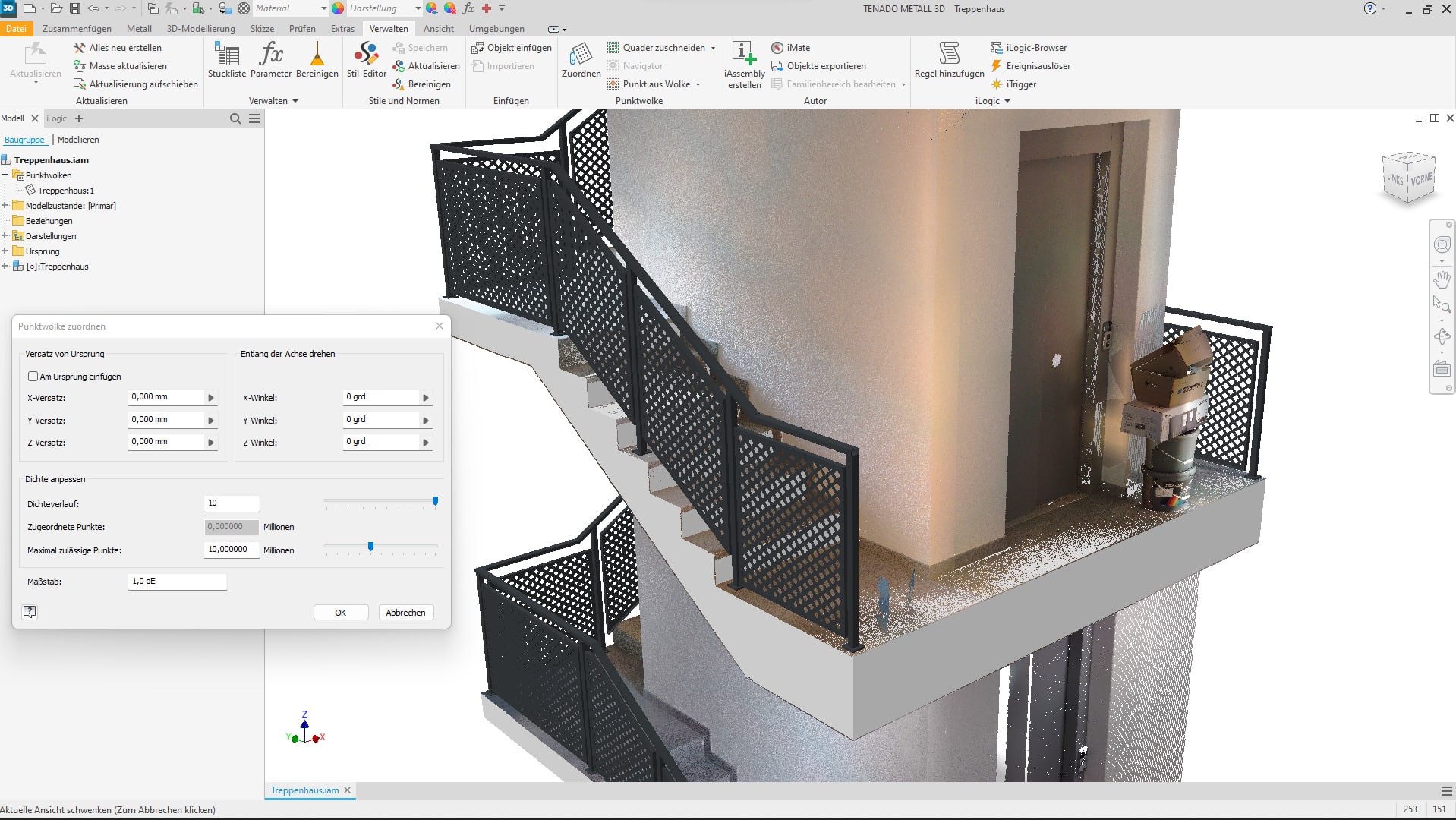 3D modeling software interface displaying a partially completed staircase and landing with railings, a door, and options window open for profile settings.