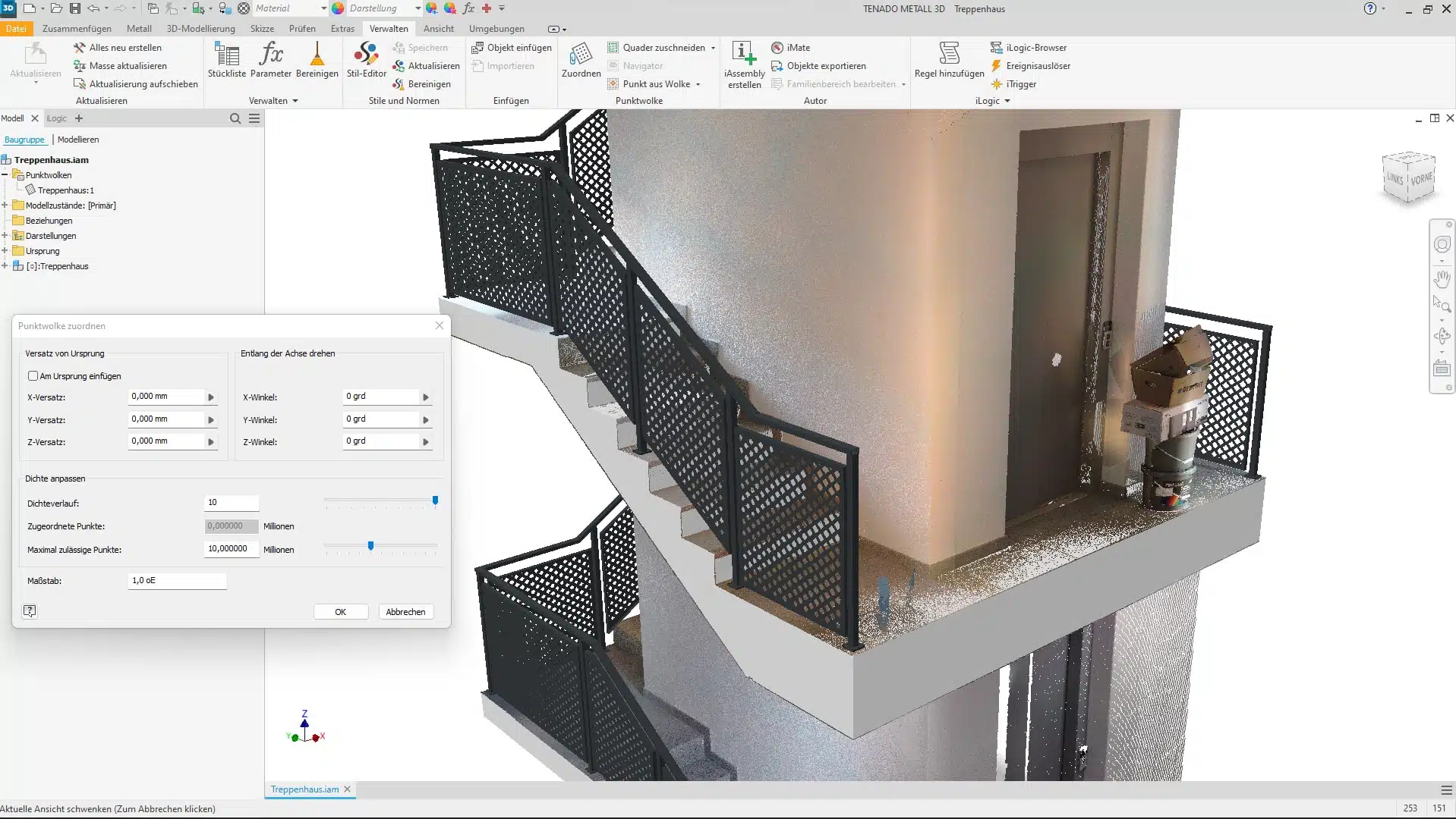 3D modeling software interface displaying a partially completed staircase and landing with railings, a door, and options window open for profile settings.