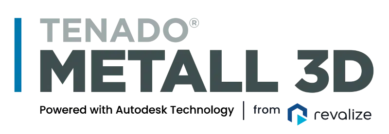Logo for TENADO METALL 3D, featuring the tagline Powered with Autodesk Technology and the from revalize branding.