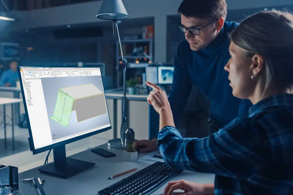 Two people look at a computer monitor displaying a 3D design in CAD software, discussing the structural model on the screen in an office setting.