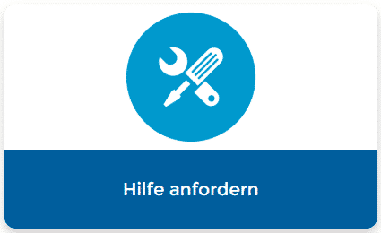 Blaues Symbol mit einem Schraubenschlüssel und einem Schraubenzieher über dem deutschen Text Hilfe anfordern, ideal zur Illustration der Anleitung zur Erstellung von Fällen im Revalize-Supportportal.