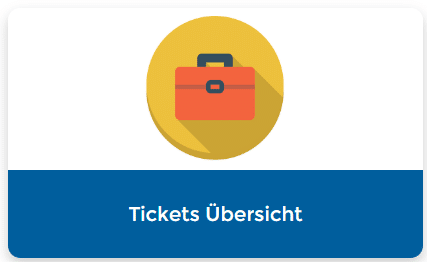 Ein orangefarbenes Koffersymbol in einem gelben Kreis über einem blauen Balken mit dem Text Tickets Übersicht in weiß, der die Anleitung zur Erstellung von Fällen im Revalize Support Portal darstellt.