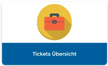 Ein orangefarbenes Koffersymbol in einem gelben Kreis über einem blauen Balken mit dem Text Tickets Übersicht in weiß, der die Anleitung zur Erstellung von Fällen im Revalize Support Portal darstellt.