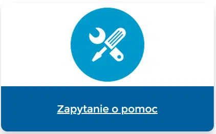 Niebieska ikona z białym kluczem i skrzyżowanym śrubokrętem, nad polskim tekstem Zapytanie o pomoc - idealna do zilustrowania przewodnika tworzenia sprawy w portalu pomocy technicznej Revalize.