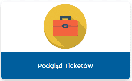 Pomarańczowa ikona teczki na żółtym okręgu nad niebieskim paskiem z tekstem Podgląd Ticketów, reprezentująca przewodnik tworzenia sprawy w portalu pomocy technicznej Revalize.