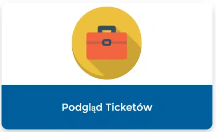 Pomarańczowa ikona teczki na żółtym okręgu nad niebieskim paskiem z tekstem Podgląd Ticketów, reprezentująca przewodnik tworzenia sprawy w portalu pomocy technicznej Revalize.