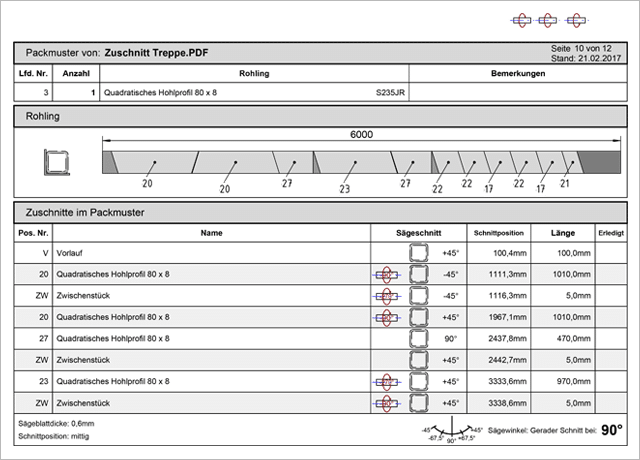 Technical diagram showing the cutting plan for square hollow profiles, including dimensions, angles, cut positions, and a visual packing pattern for a 6000 mm length metal piece.