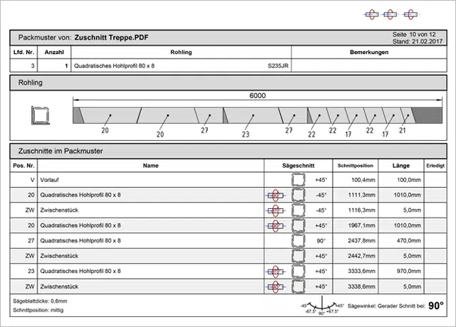 Technical diagram showing the cutting plan for square hollow profiles, including dimensions, angles, cut positions, and a visual packing pattern for a 6000 mm length metal piece.