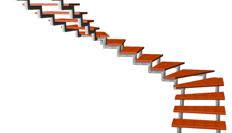 A modern, floating wooden staircase with metal supports, ascending diagonally from bottom right to top left against a white background.