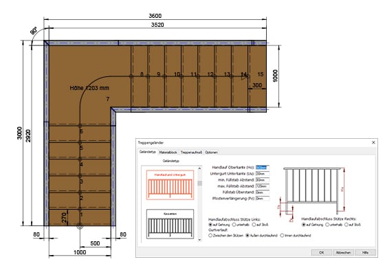 Technical drawing of an L-shaped staircase with dimensions, including a pop-up settings window for stair railing configuration options in German.