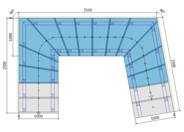 Technical drawing of an L-shaped structure with blue and gray sections, annotated measurements, and labeled components; dimensions are 3500 mm by 2500 mm.