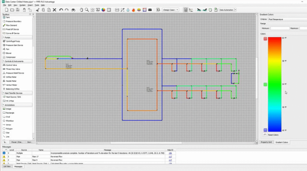 Screenshot of a digital circuit schematic in a software editor, similar to features found in PIPE-FLO V21, showing logic gates and connections with highlighted paths and a message log at the bottom.