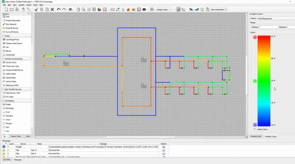 Screenshot of a digital circuit schematic in a software editor, similar to features found in PIPE-FLO V21, showing logic gates and connections with highlighted paths and a message log at the bottom.
