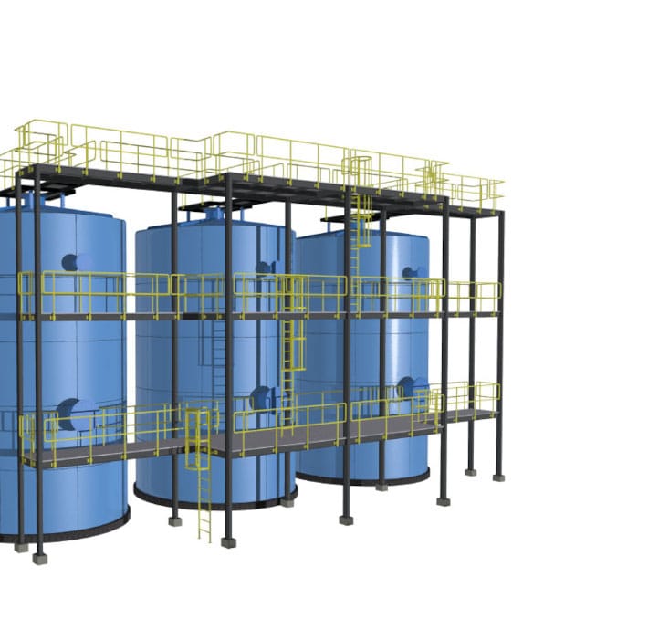 3D rendering of an industrial facility showcasing cad mechanical engineering, with three large blue storage tanks surrounded by metal platforms, railings, and ladders for access and maintenance.