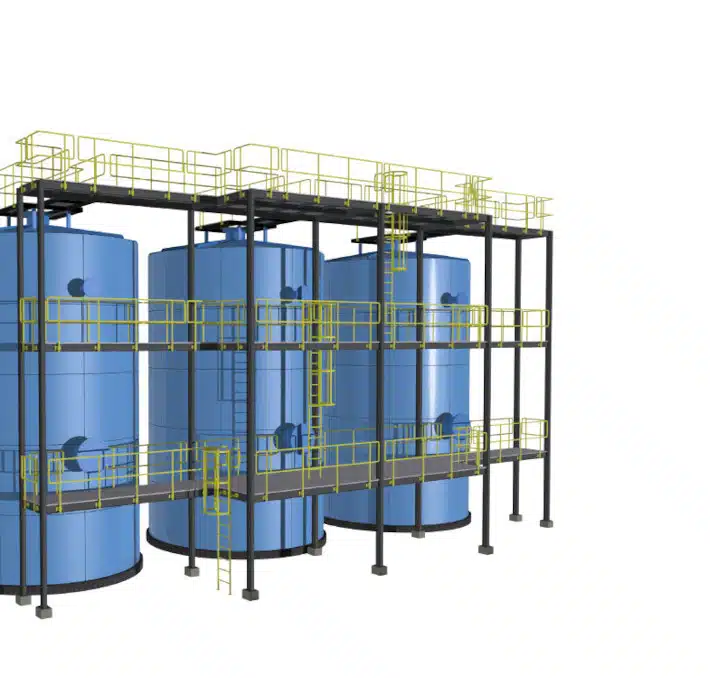 3D rendering of an industrial facility showcasing cad mechanical engineering, with three large blue storage tanks surrounded by metal platforms, railings, and ladders for access and maintenance.