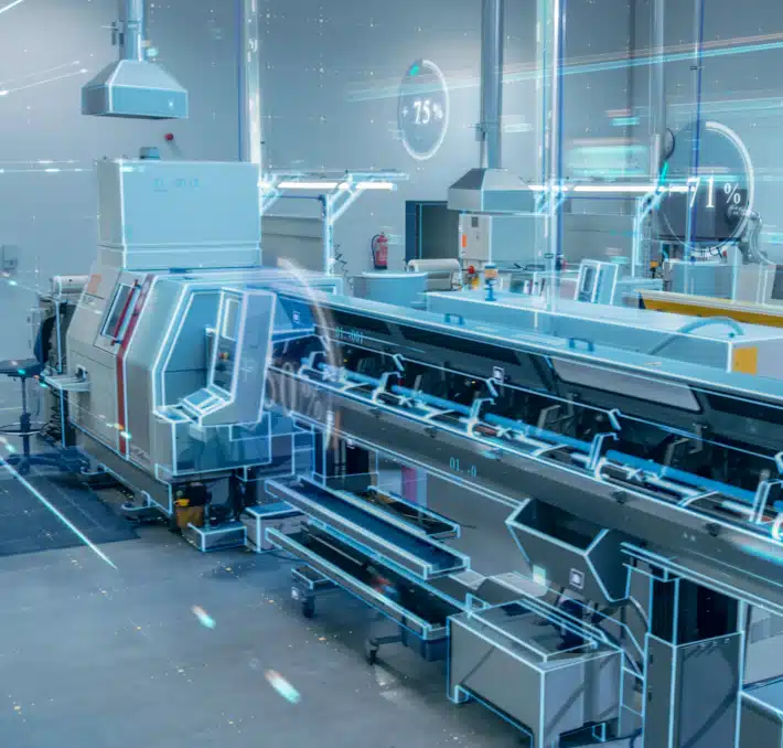 Modern automated industrial machine in a factory setting with digital interface overlays displaying performance data.