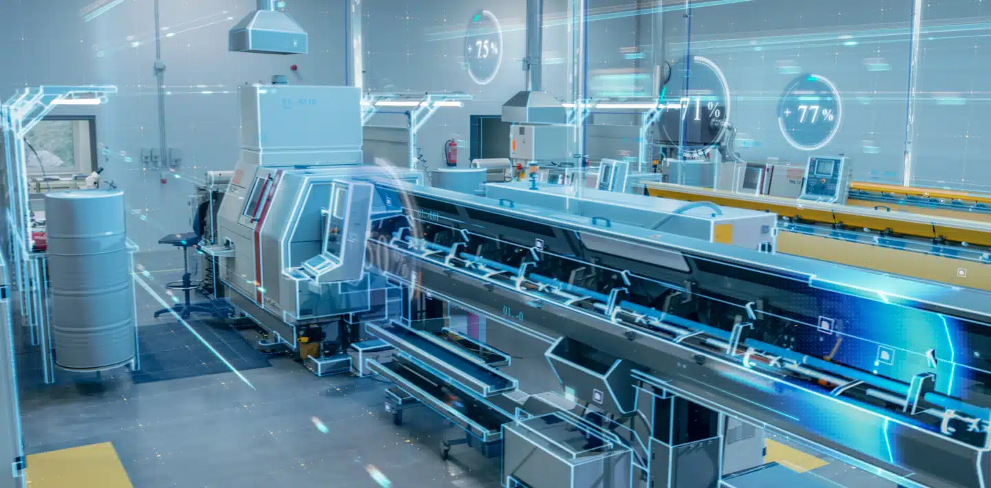 A modern automated factory floor with advanced machinery, digital interfaces, and data graphics displaying operational metrics on the walls.