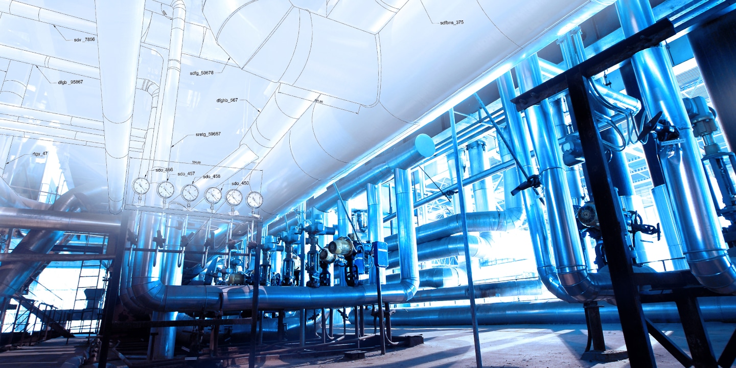 Industrial facility interior with metal pipes, gauges, and valves. Overlay of flo systems model engineering drawings and labels on the upper left. Blue lighting throughout the scene.