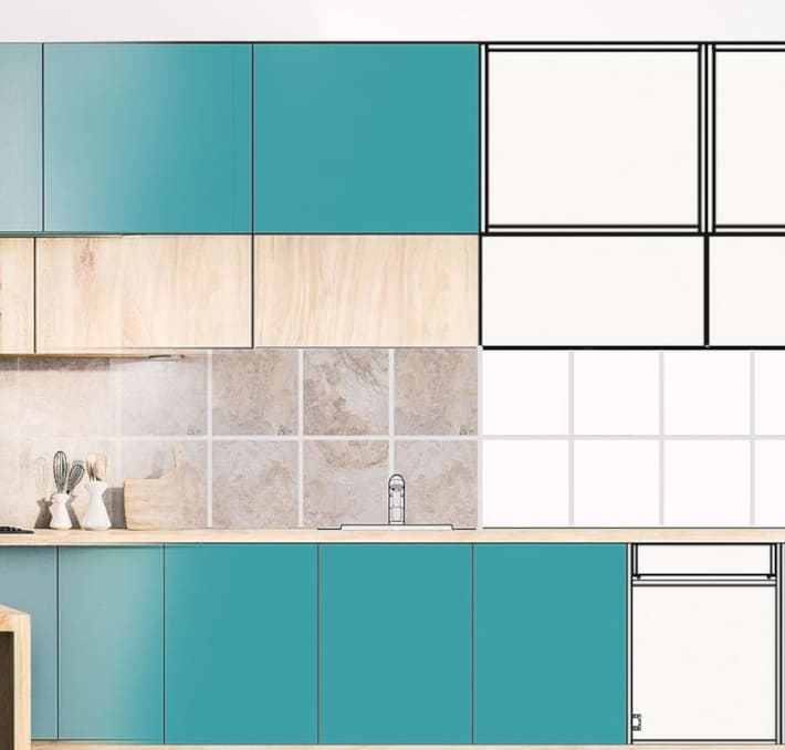 Modern kitchen with blue lower cabinets, light wood countertop, and beige tiled backsplash. The design features upper cabinets in blue, wood, and white, some with outline-style doors—precision inspired by cad mechanical engineering.