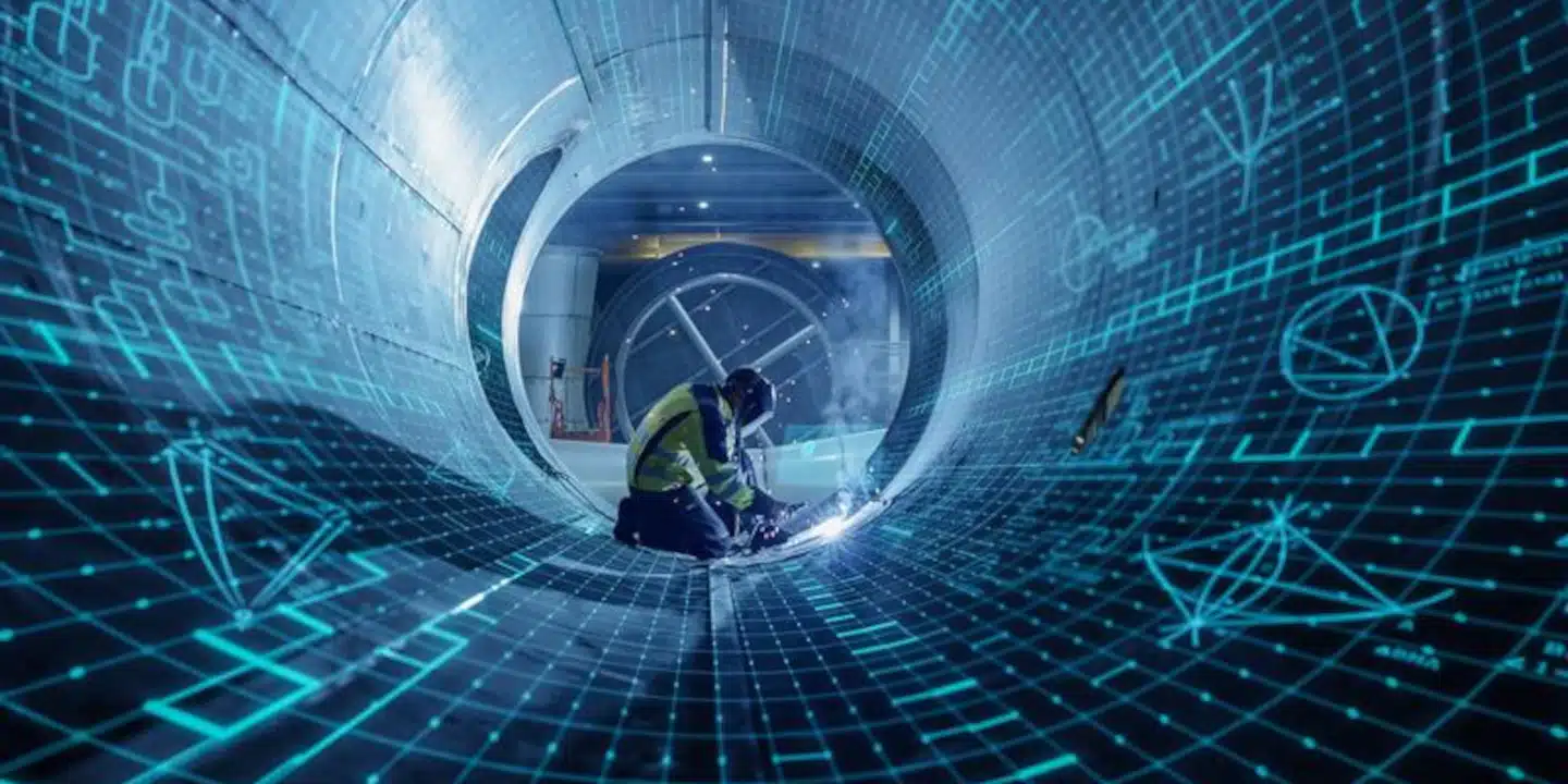 A worker in safety gear welds inside a large cylindrical metal structure, overlaid with blue digital schematics and geometric diagrams—highlighting fluid management in modern manufacturing.