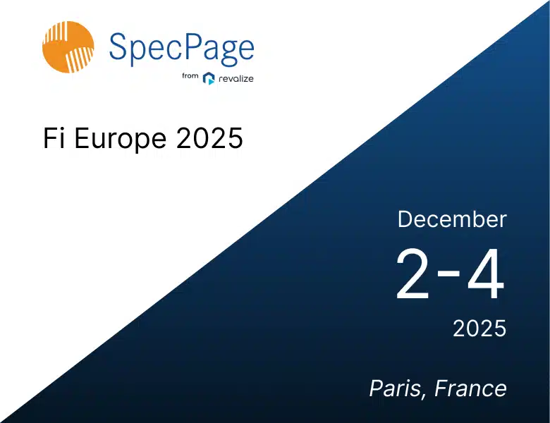 SpecPage banner for FI Europe 2025, featuring event dates December 2-4 in Paris, France, with SpecPage and FI Europe logos displayed on a blue and white background.