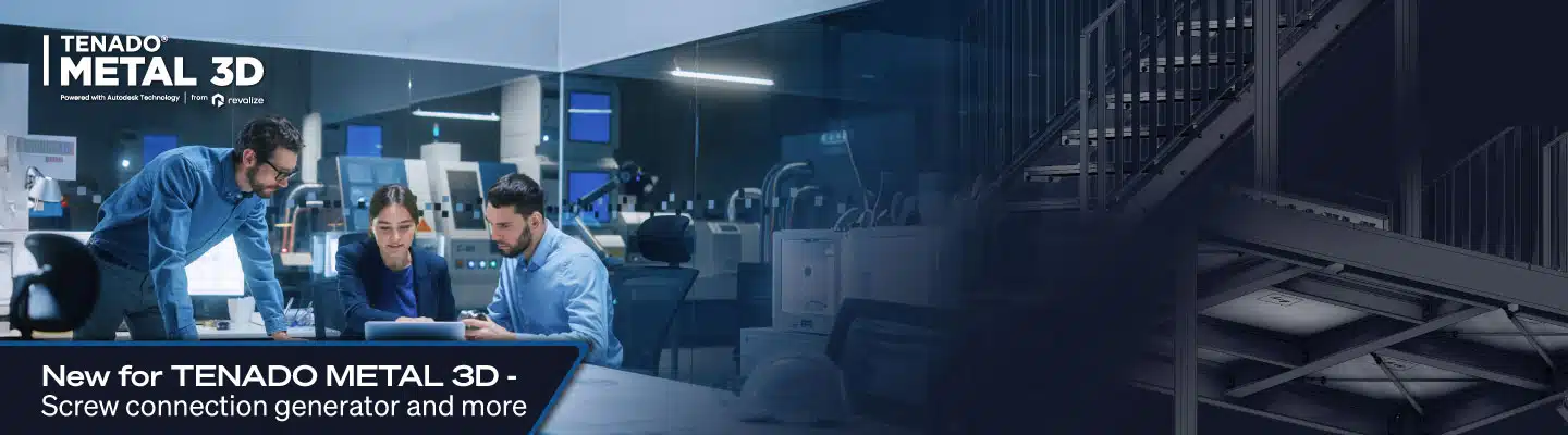 Three people collaborate at a desk in a modern office filled with 3D printers; promotional banner for TENADO METAL 3D highlights new screw connection generator feature.