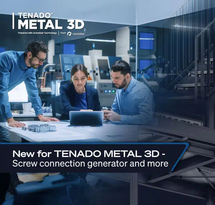 Three people in an office setting work together at a table with a laptop; text promotes new features for TENADO METAL 3D, including a screw connection generator.