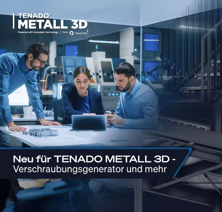 Drei Personen arbeiten zusammen an einem Tisch mit einem Laptop in einer modernen Büroumgebung. Der Text bewirbt neue Funktionen für TENADO METALL 3D, darunter einen Schraubengenerator.