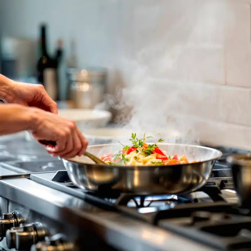 Person cooking pasta with vegetables in a pan on a stovetop, with steam rising and fresh herbs garnishing the dish.