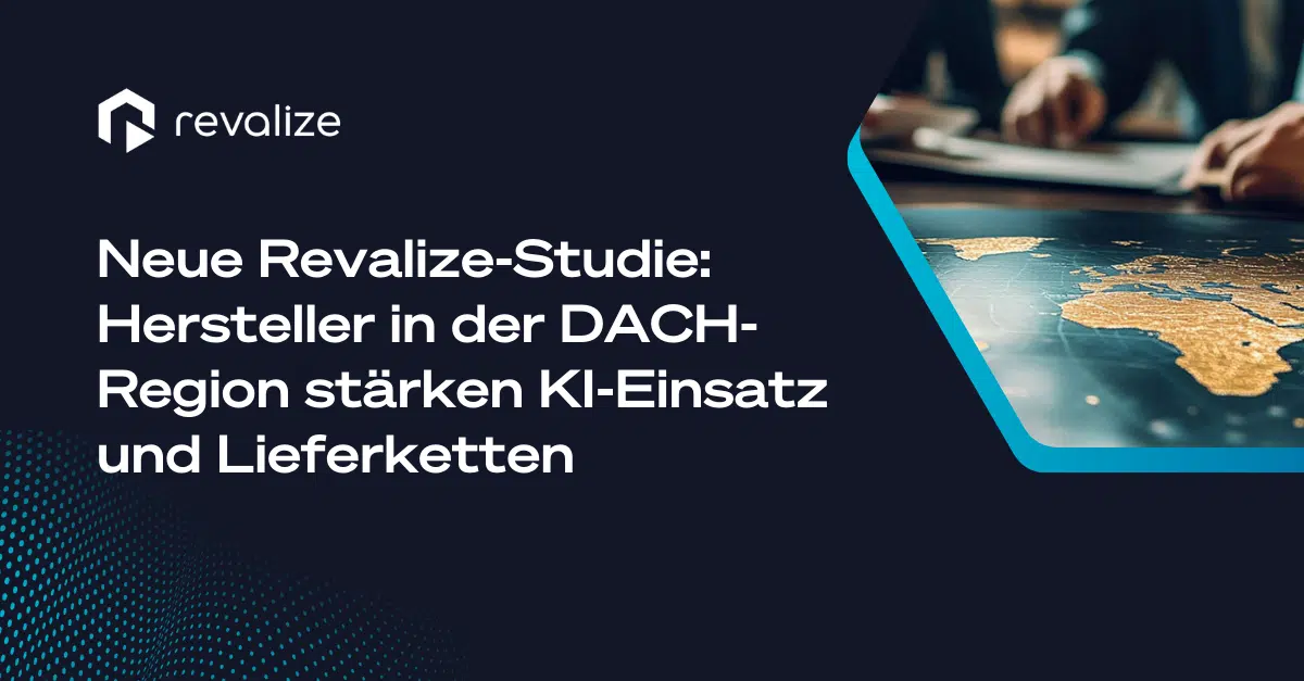 A slide displaying the Revalize logo, a study headline about DACH region manufacturers boosting AI use and supply chains, and a photo of a hand pointing at a world map.